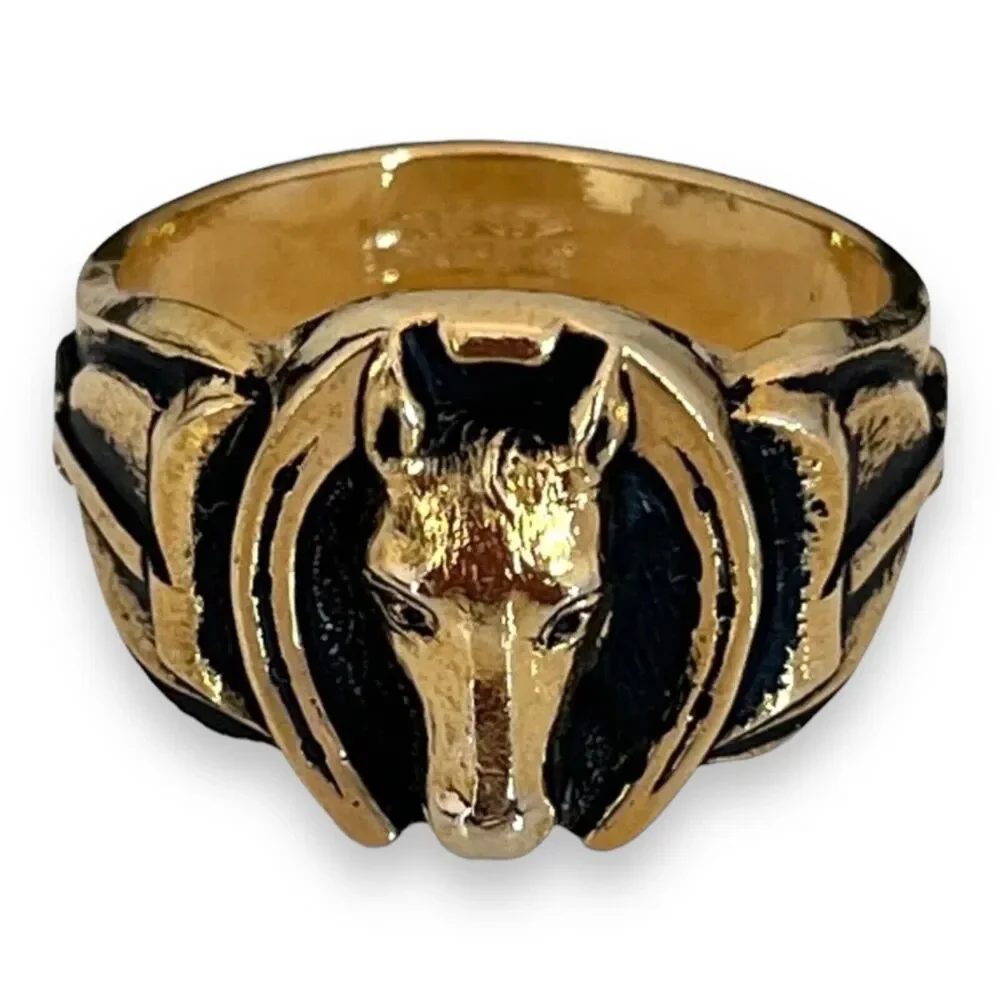 Vintage 1970s Ring Size 11 Clark Coombs Horse Horseshoe Figural Gold Plate - 14P